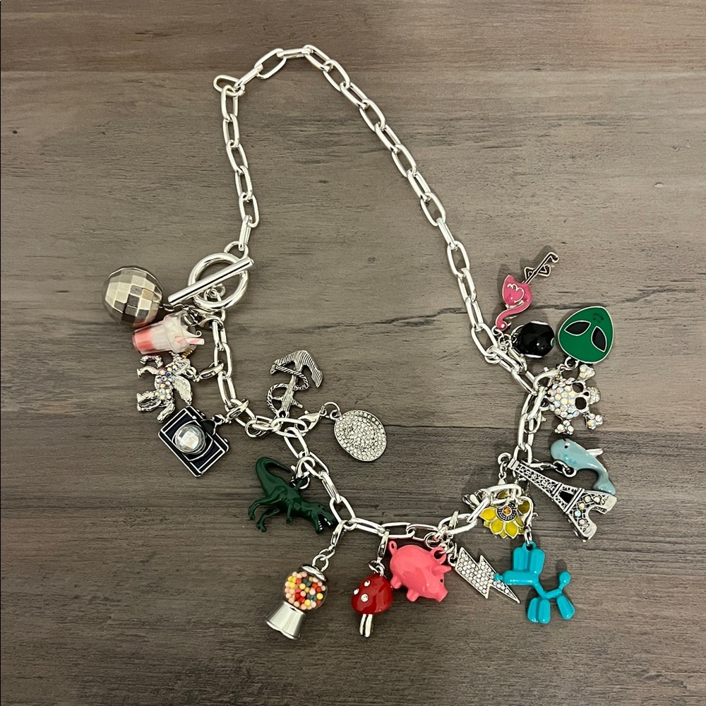 Silver Charm Necklace with Colorful Pendants